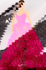 Elegant evening gown with oversized rosette details on skirt