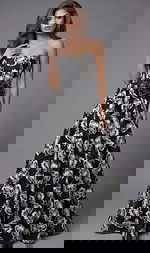 strapless evening dress with a floral pattern and waist accent detail