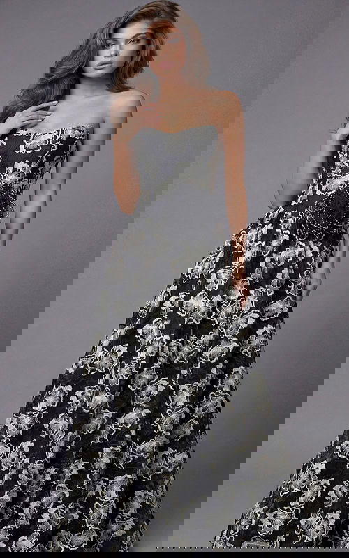 strapless evening dress with a floral pattern and waist accent detail