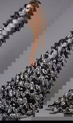 Front view of a strapless floral evening gown with a fitted bodice and full skirt