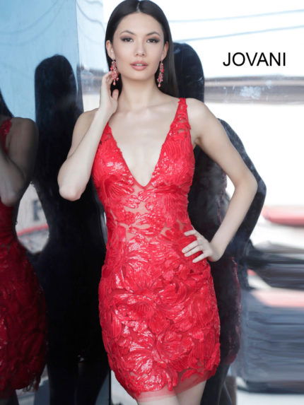 Model wearing Jovani 4552 red dress with floral sequins, front view with reflection