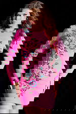 Long sleeve fitted pink dress with colorful floral bead embroidery