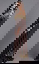 Chocolate column dress with embellished bell sleeves