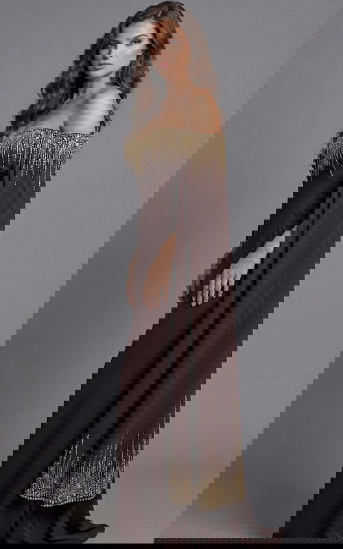 Chocolate column dress with embellished bell sleeves