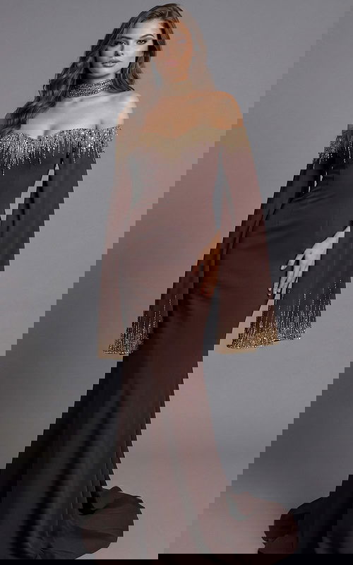 Brown off shoulder gown with gold fringe neckline