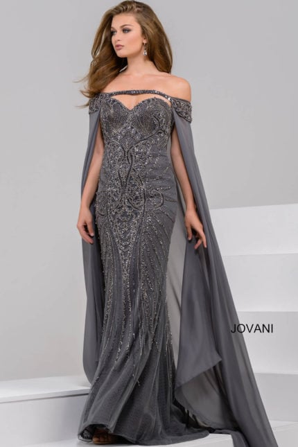 Model wearing Jovani 45566 gray gown with off-the-shoulder neckline and beaded design, front view.