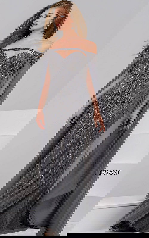 Model wearing Jovani 45566 gray gown with off-the-shoulder neckline and beaded design, front view.