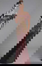 Front view of off shoulder column gown with square neckline and gold floral brocade detailing