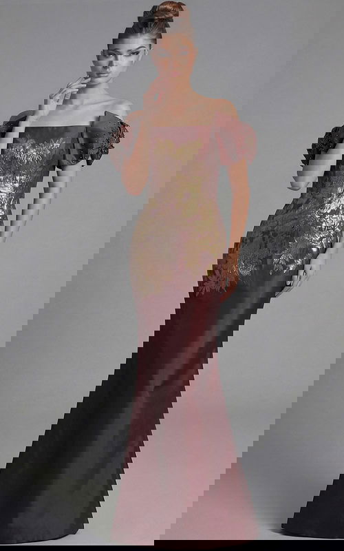 Front view of off shoulder column gown with square neckline and gold floral brocade detailing