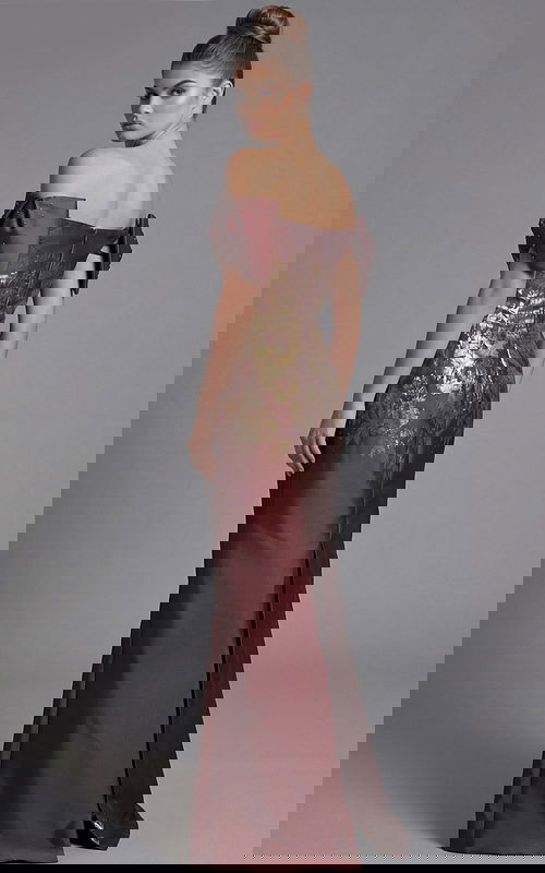 Back view of off shoulder fitted gown with structured puff sleeves and metallic floral bodice