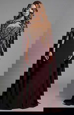 Floor length gown with detailed embroidery and smooth trailing hem