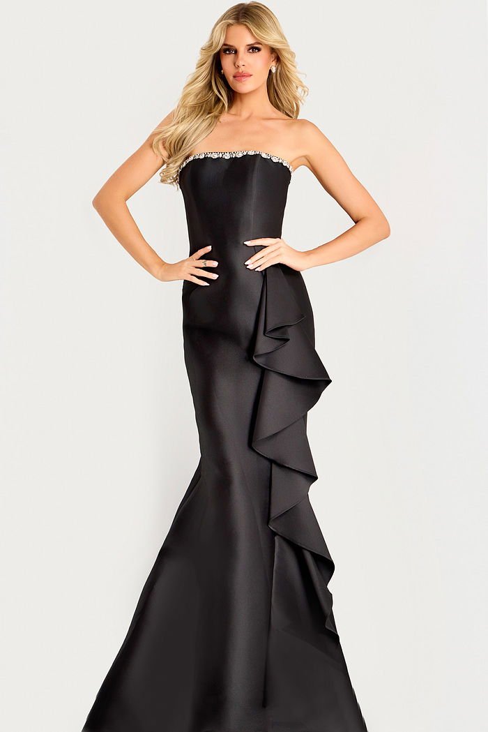 Satin Strapless Mermaid Gown with Ruffle Detail 45586 Jovani