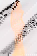 Elegant mermaid gown with sequin floral embroidery and sheer tulle overlay