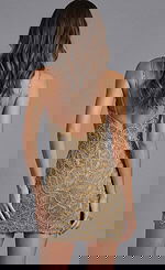 Jovani 45603 gold beaded cocktail dress featuring a low open back, delicate spaghetti straps, and hand-beaded floral pattern throughout.