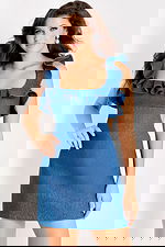 Denim mini dress with ruffled straps and open back design