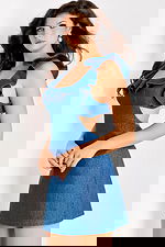 Chic blue denim short dress with feminine ruffle shoulder detail