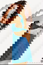 Stylish sleeveless denim dress featuring flared hem and cutout back