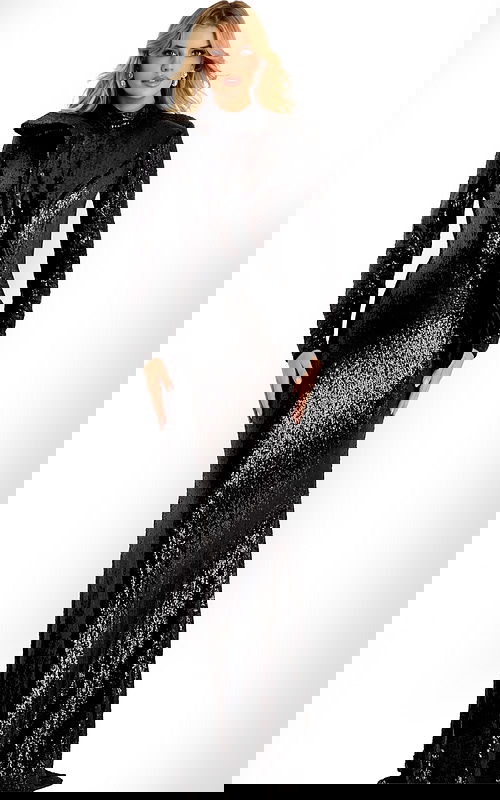 Sophisticated black gown featuring shimmering sequins and sculpted silhouette.