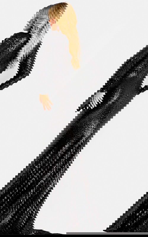 Black sequin gown with structured collar and long sleeves