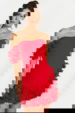 Front view of strapless red mini dress with floral appliqués