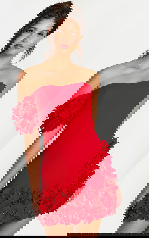 Front view of strapless red mini dress with floral appliqués