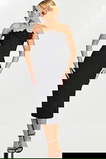 Strapless black midi dress with floral beaded appliqué on bodice