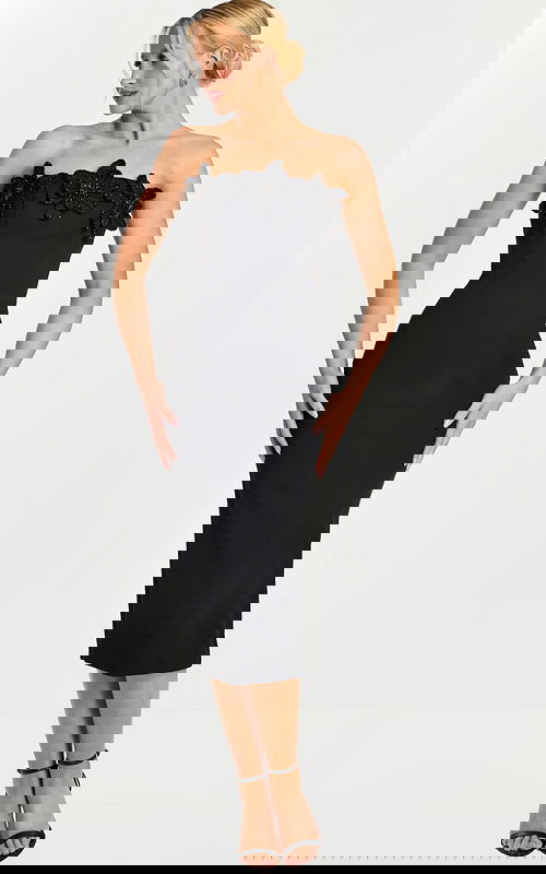 Strapless black midi dress with floral beaded appliqué on bodice