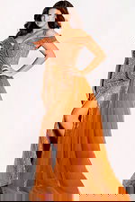 off the shoulder beaded bodice dress with tulle drape on the side 45642