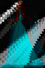 One shoulder tulle gown with shimmering bead lines and flowing skirt