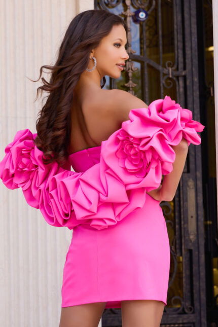 Strapless fitted mini dress with bold 3D floral sleeves