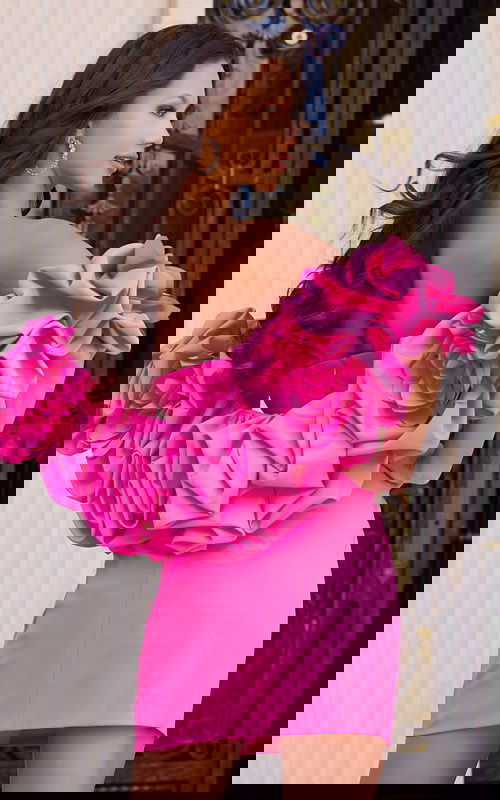 Strapless fitted mini dress with bold 3D floral sleeves