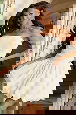 Strapless satin bubble skirt short dress front view