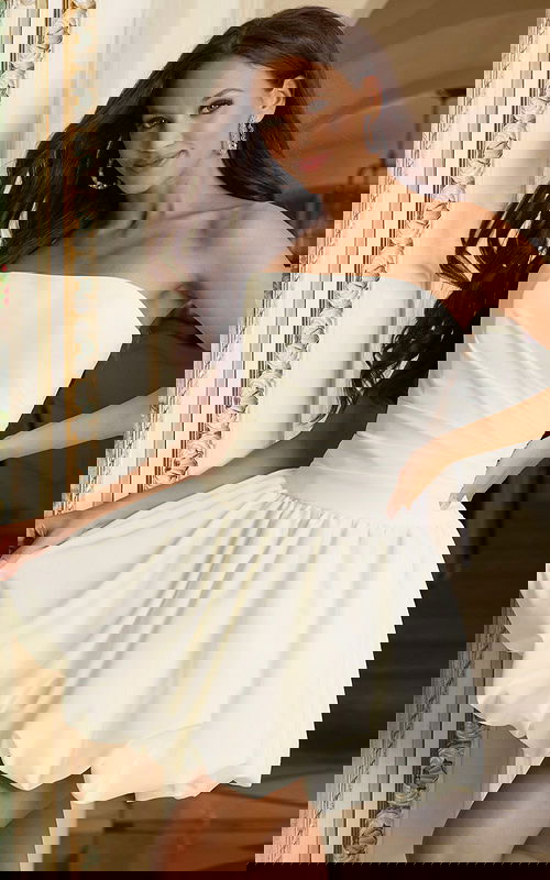 Strapless satin bubble skirt short dress front view