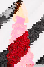 Red couture gown with large floral appliqués