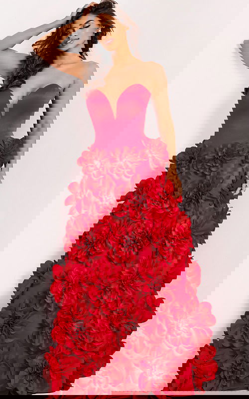 Floral ball gown with plunging neckline in red