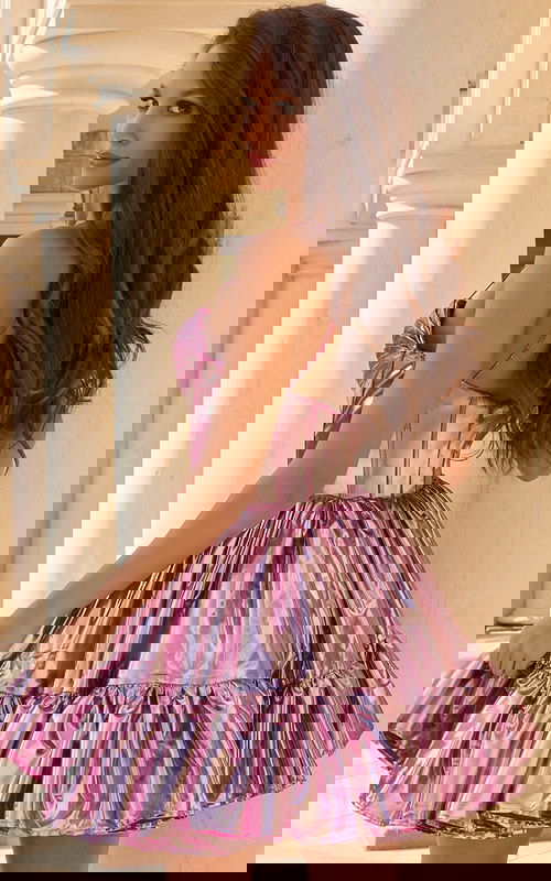 Fit-and-flare prom dress with floral center and spaghetti straps