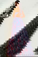 Romantic gown with strappy back, floral print, and cascading ruffles