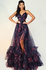 Elegant ruffled gown with floral tulle and high slit design
