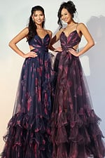 Floral print tulle gown with layered ruffled hem and open back