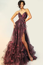 Flowing floral evening gown with sheer tulle layers and soft ruffles