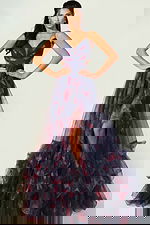 Open back floral tulle dress with layered skirt and fitted bodice