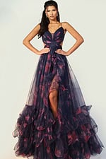 Open back floral tulle dress with layered skirt and fitted bodice