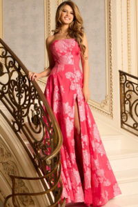 Strapless Jacquard Gown With Floral Details And Slit