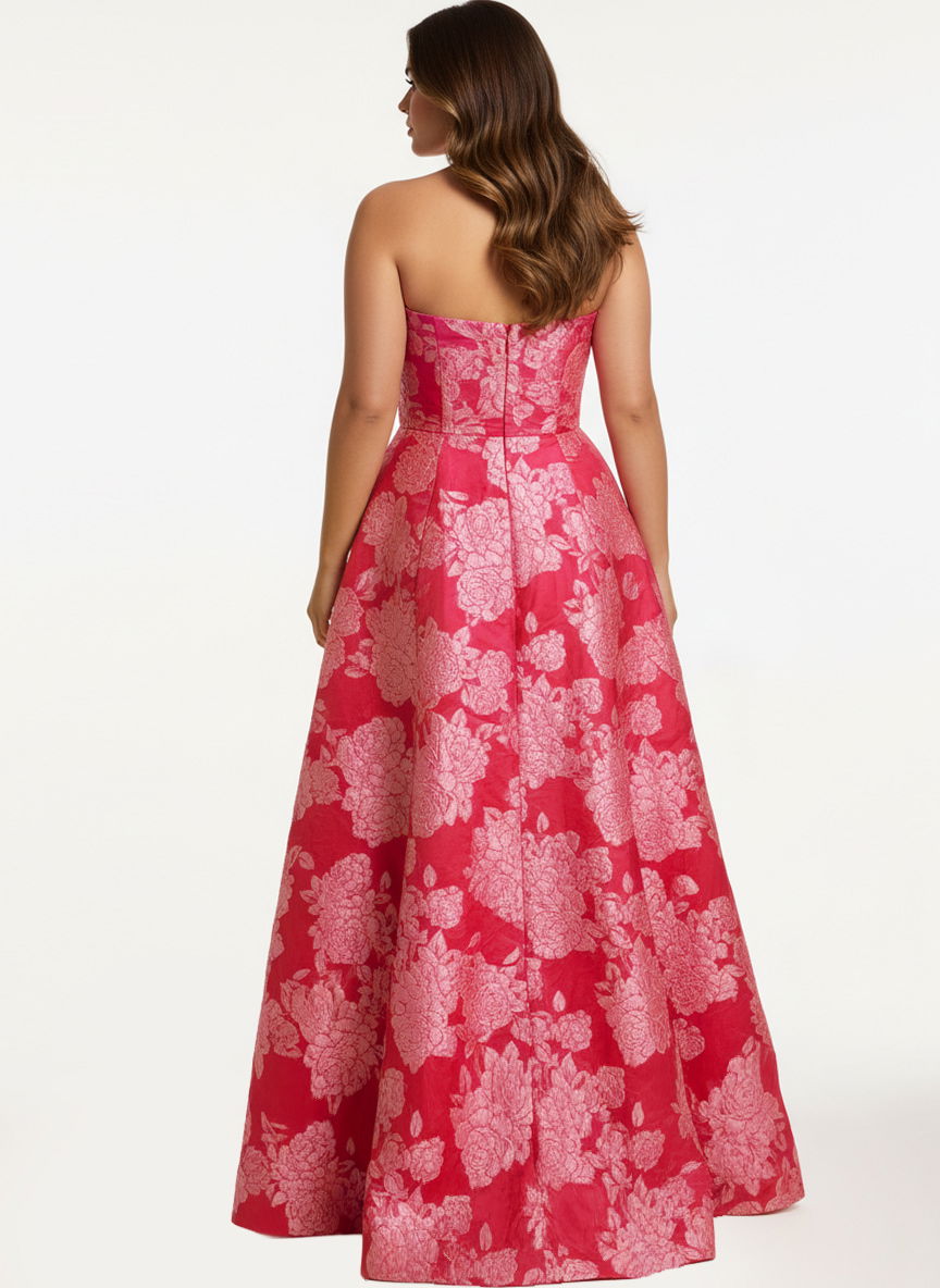 Strapless Jacquard Gown With Side Slit And Floral Design