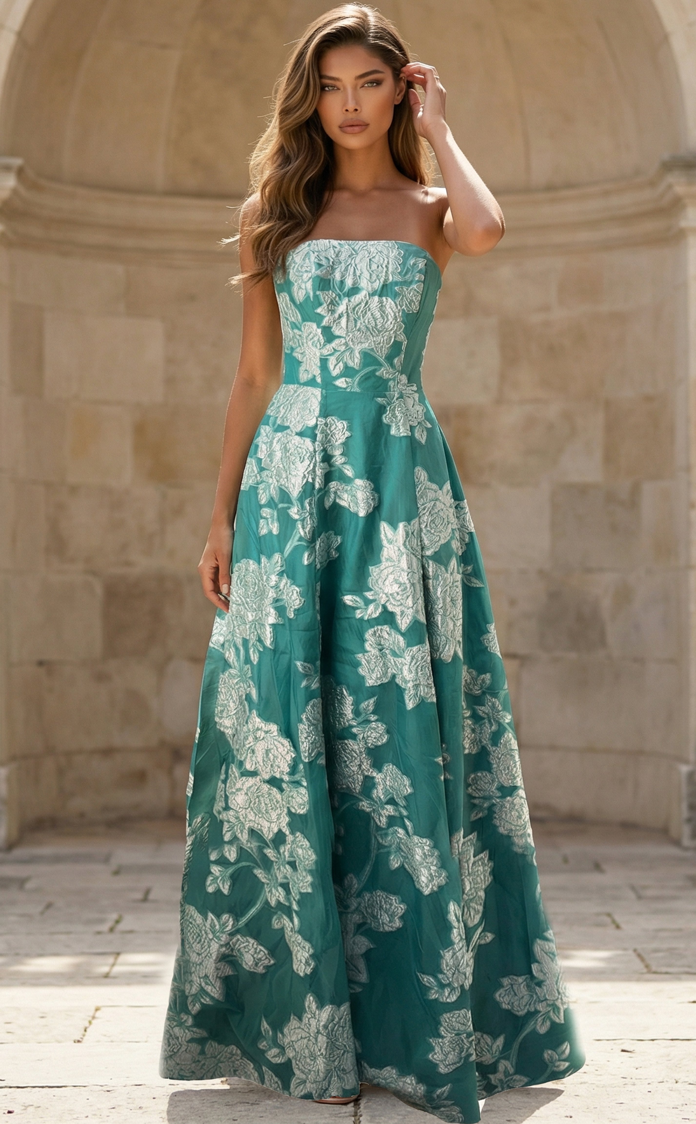 Strapless Jacquard Gown With Side Slit And Floral Design
