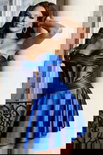 Royal blue strapless satin mini dress with corset bodice