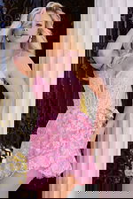 Tiered pink mini dress with glitter floral appliqué