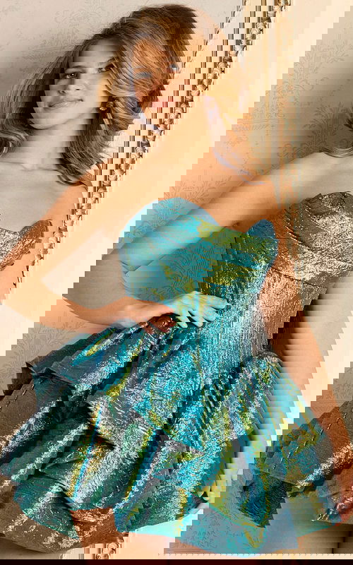 Strapless Metallic Dress With Ruffled Mini Skirt