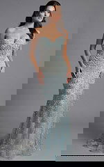 embellished strapless evening gown with intricate beadwork and floor length skirt