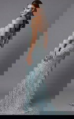 beaded strapless evening dress with pearl embellishments and long train